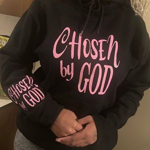 Ladies black hoodie with Pink glitter lettering  (Chosen by God)